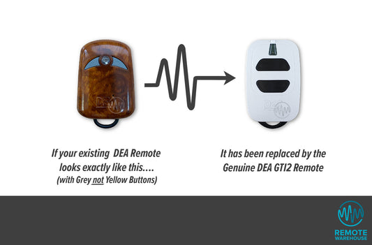 DEA woodgrain remote replaced by DEA GTI2 white 2 black button remote