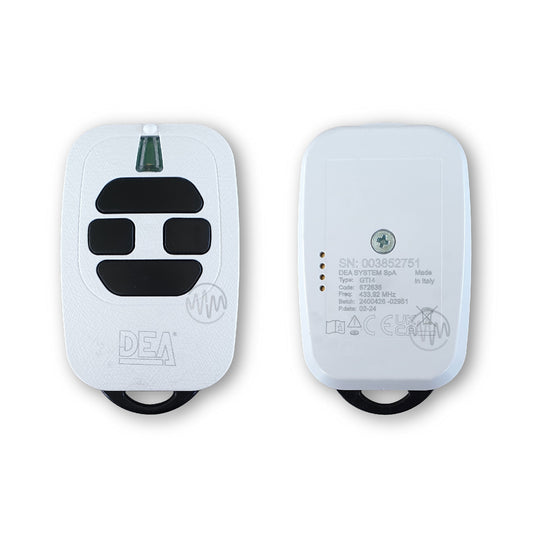 Front & Back of DEA GTI4 white & black garage & gate remote