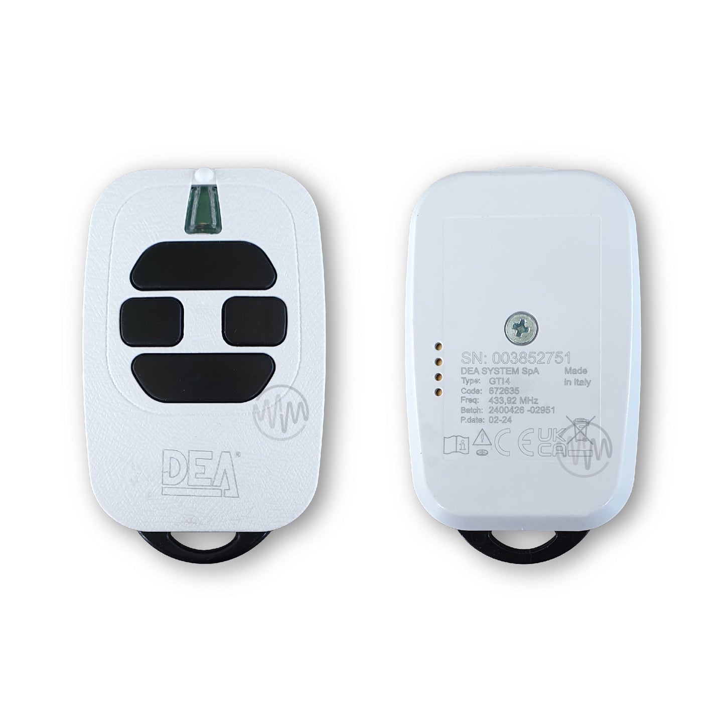 Front & Back of DEA GTI4 white & black garage & gate remote