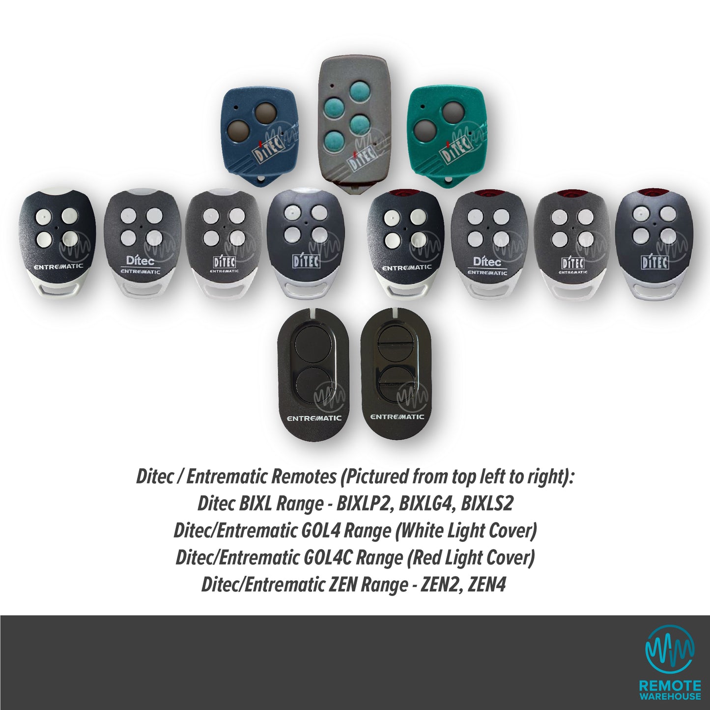 Collection of garage & gate remotes all with various designs displaying the Ditec or Entrematic brand across the front in white.