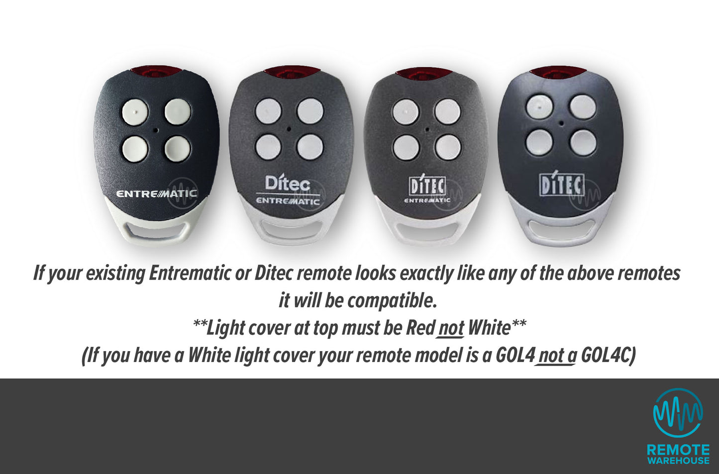 Ditec & Entrematic branded series of grey & white gate remotes with 4 round white buttons & red led light cover at top