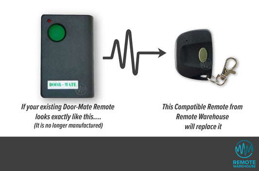 Grey Door Mate branded remote with round green button is replaced with small grey single button garage remote