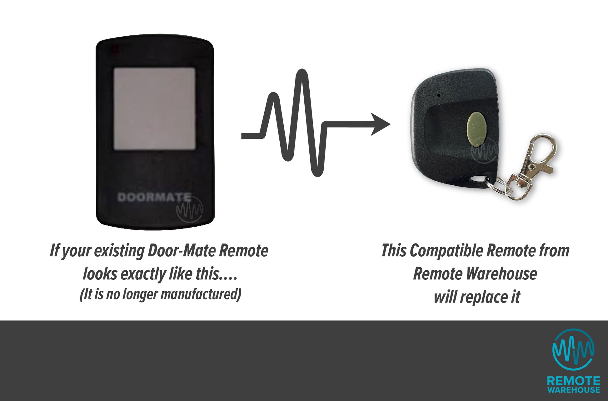 Door-Mate black with square white button remote is replaced with small key ring style single button garage remote