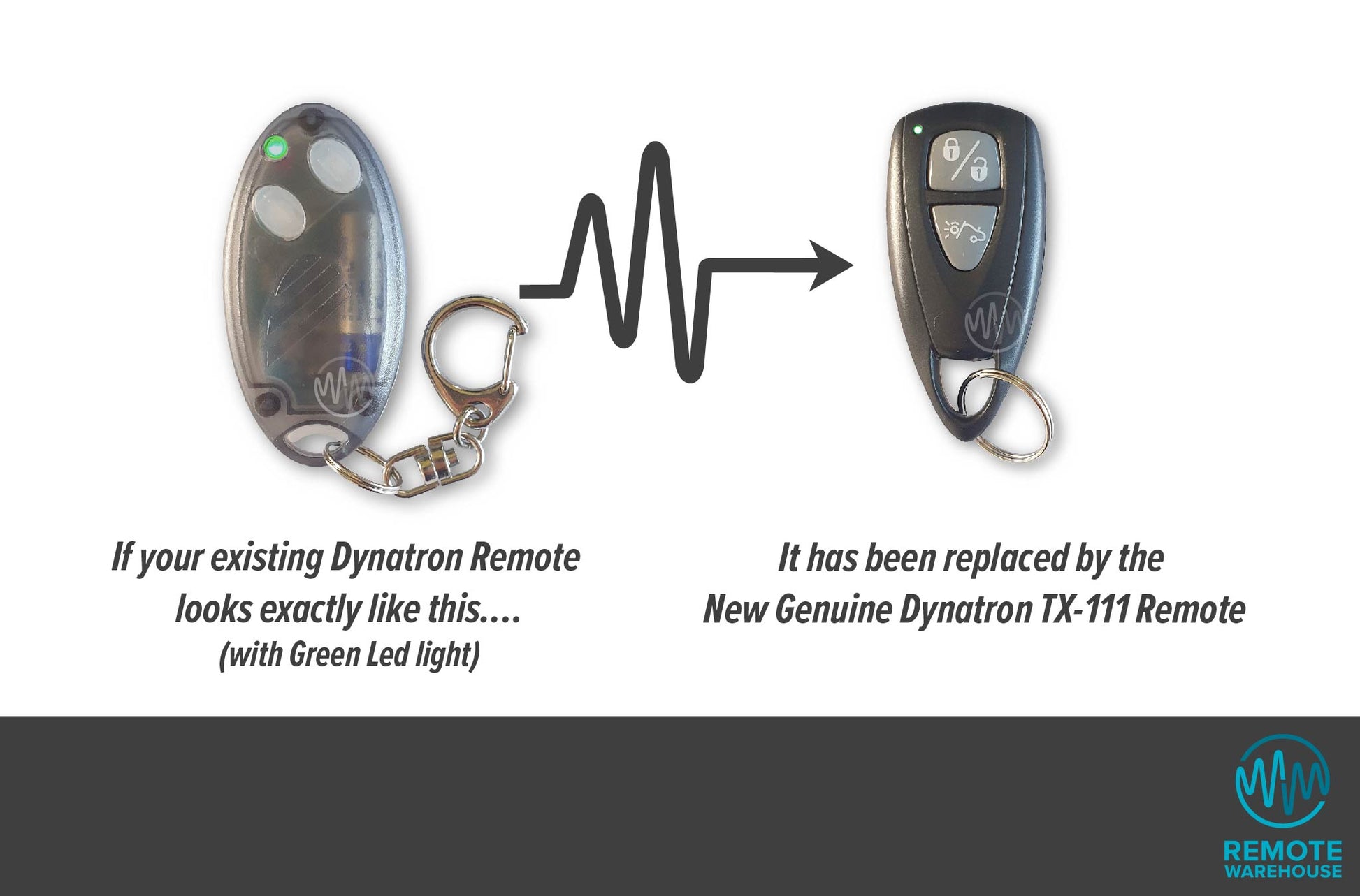 Dynatron TX-10 oval green led remote is replaced by TX-111 teardrop shape car alarm remote