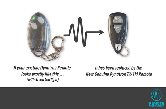 Dynatron TX-10 oval green led remote is replaced by TX-111 teardrop shape car alarm remote