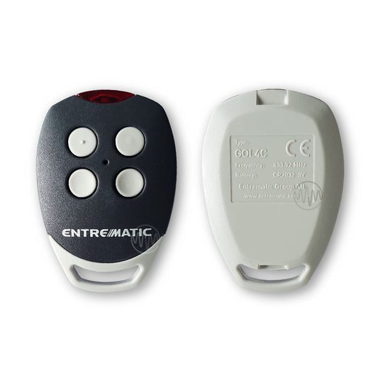 Entrematic GOL4C grey & white remote with red LED light at top & 4 white circle buttons front & back view