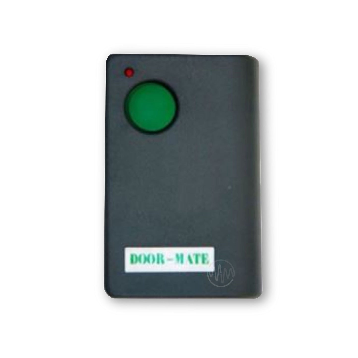 large rectangle grey Door-Mate branded remote with green circle button