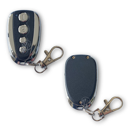 Front & back of Doorworks chrome & black garage door remote with 4 silver round numbered buttons in a row down the centre