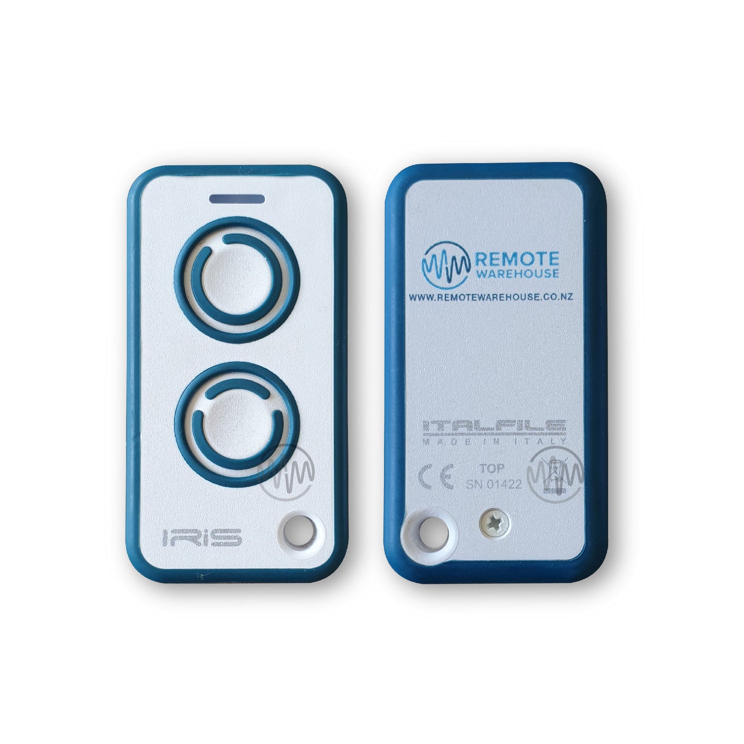 Front & back view of White & Teal IRIS remote for Doorworks garages