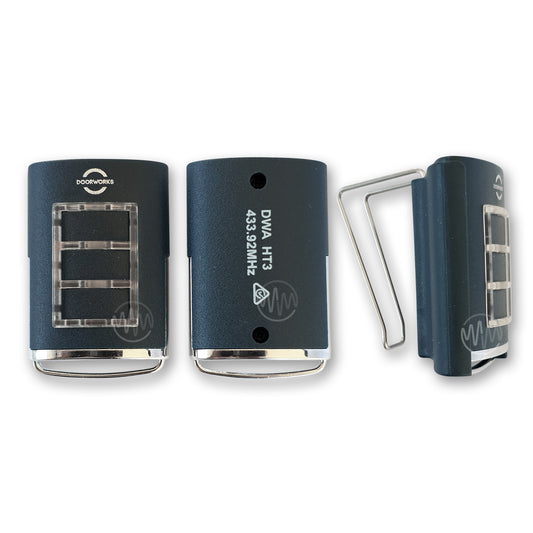 Doorworks branded navy 3 button sun visor style garage door remote front, back & side view