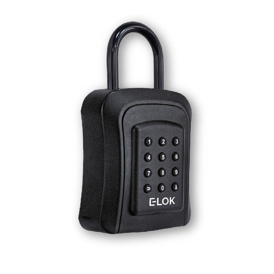 Side of E-Lok brand black metal Shackle type lock box with numbered round push buttons