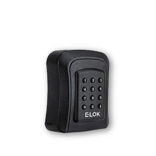 Side of E-Lok brand black metal lock box with numbered round push buttons