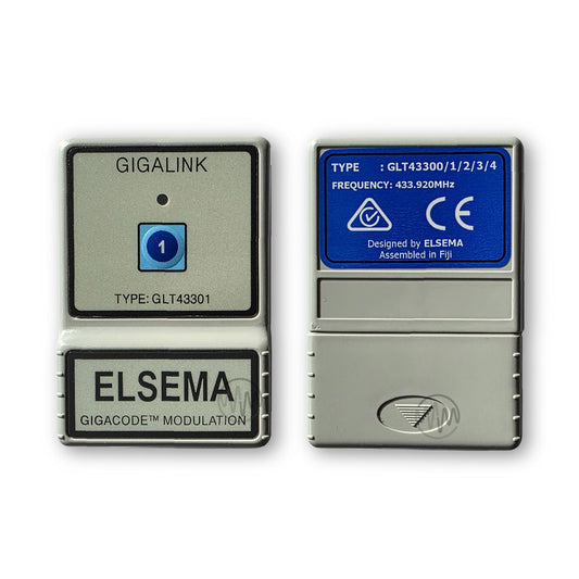 Large beige rectangle Gigalink GLT43301 remote with 1 raised blue numbered button front & back view