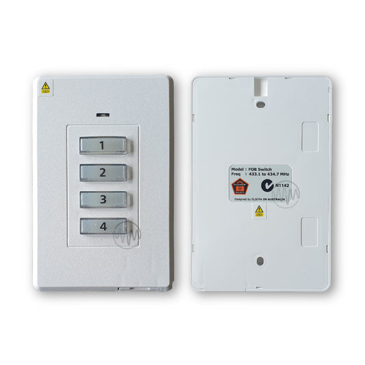 Front & back of white textured Elsema wall mount garage door remote with 4 rectangle numbered buttons