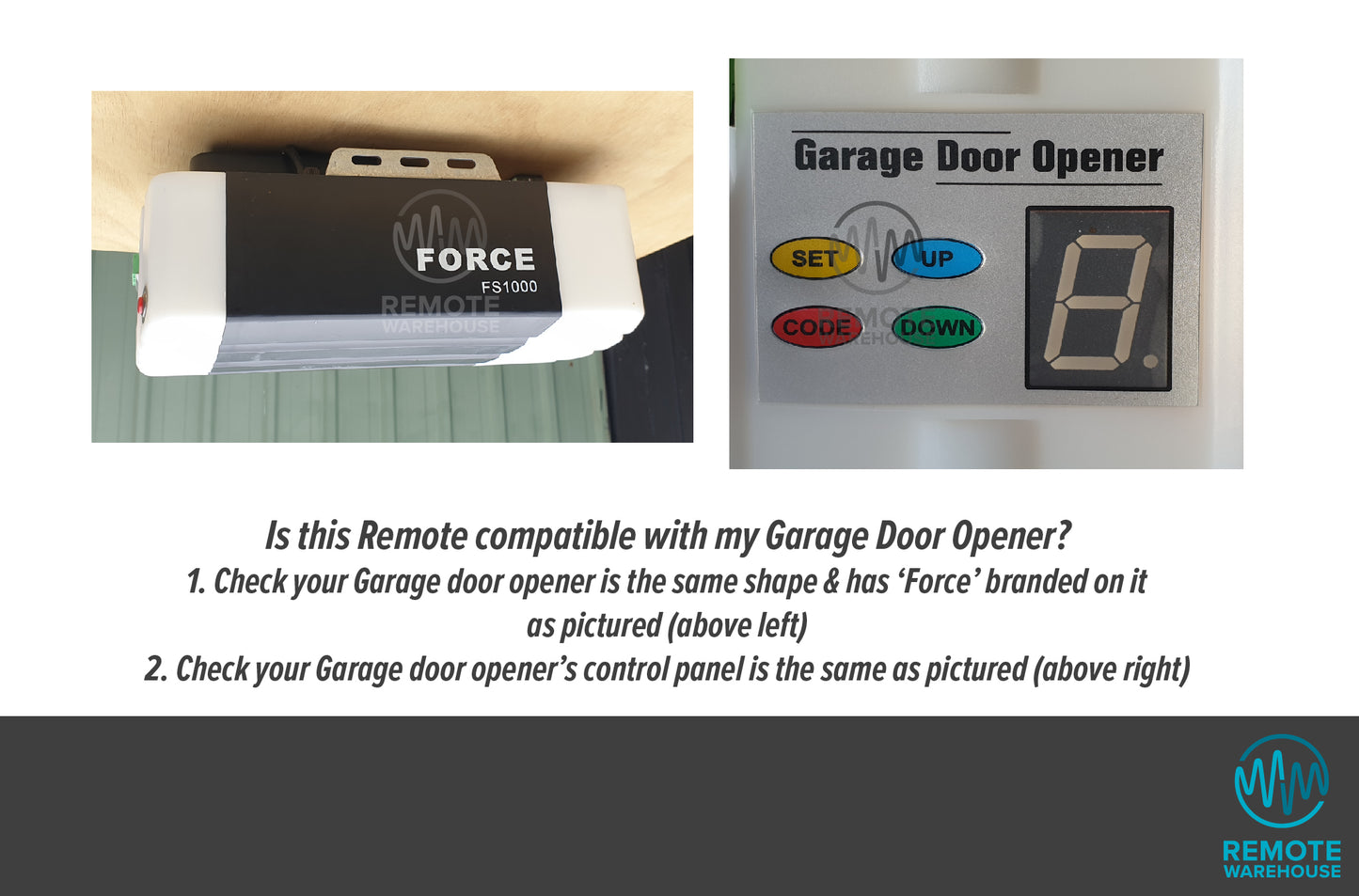 Side view of Force FS1000 garage door opener & close up of its control panel