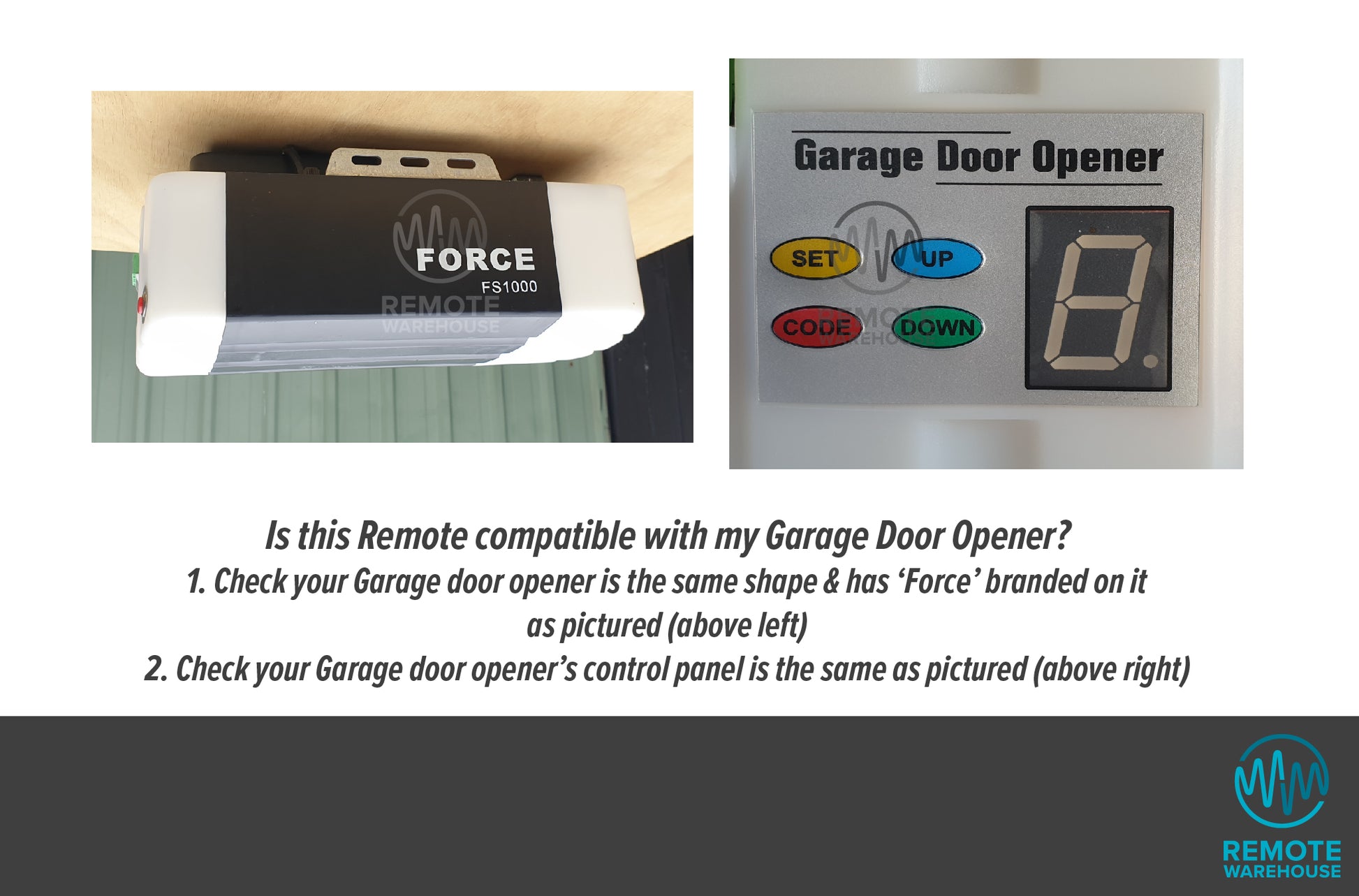 Side view of Force FS1000 garage door opener & close up of its control panel