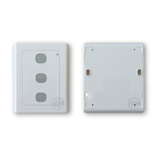 Front & back of White Force FS series wall mount garage remote with 3 grey button in a vertical row