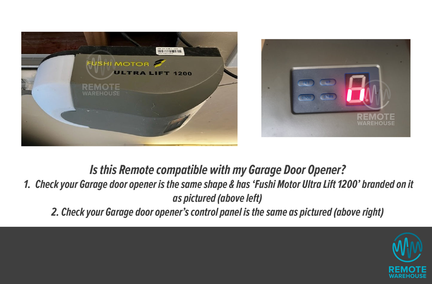 Photos of a Fushi Ultra Lift 1200 garage door opener motor & its control panel