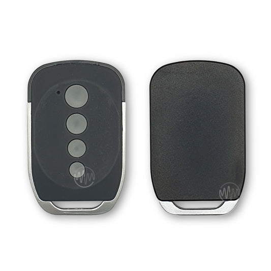 Front & back view of Fushi Ultralift TP1200 black & silver 4 button remote