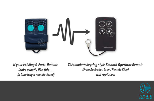 G-Force blue remote with 2 round blue buttons is replaced by the Smooth operator black & silver remote with 4 numbered buttons