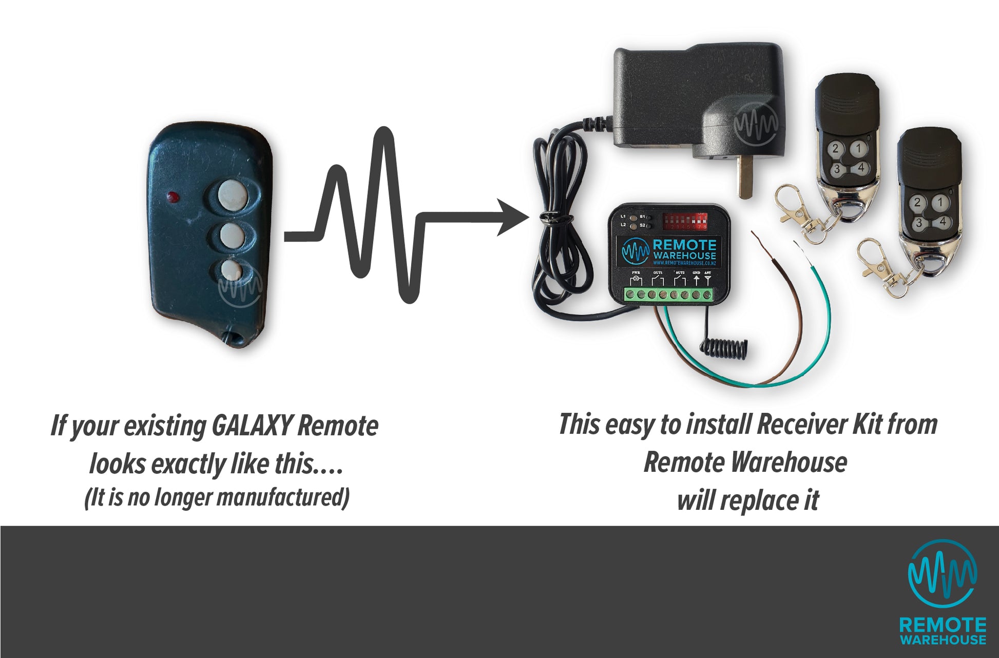 Black Galaxy GTX710 remote with 3 grey rounded buttons in a row shown with the replacement Remote Warehouse branded add on receiver kit & 2 remotes