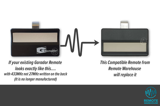 Old single long button black sun visor style Garador branded remote is shown with its replacement unbranded black single button sun visor garage door remote