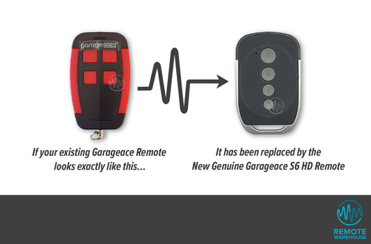Old red & black Garageace branded garage door remote shown with arrow pointing to the new updated model which is silver & black rounded rectangle with 4 round grey buttons in a vertical line.