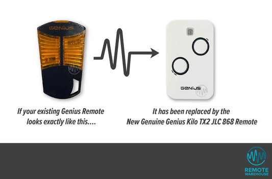 Genius black & orange remote is replaced by the Genius Kilo white rectangle 2 button remote