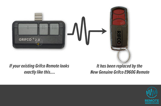 Grifco sun visor style remote control replaced with Grifo E960G key ring black & dark red remote