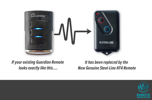 Guardian HT3 style remote is replaced with HT4 style branded Steel-Line garage door remote control