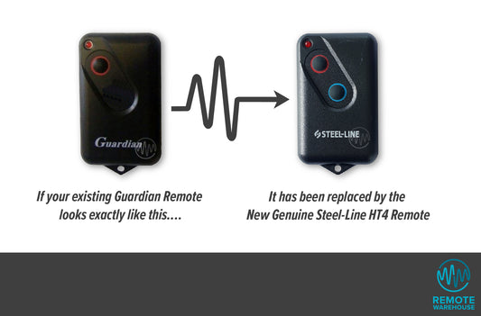 Black oblong Guardian 1 red button remotes are replaced with Steel-Line branded black rectangle red & blue button garage remote