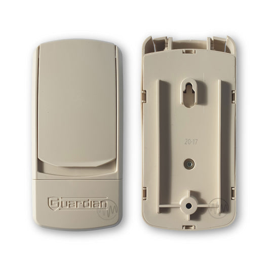 Front & back of beige Guardian WKCC garage door keypad with cover down