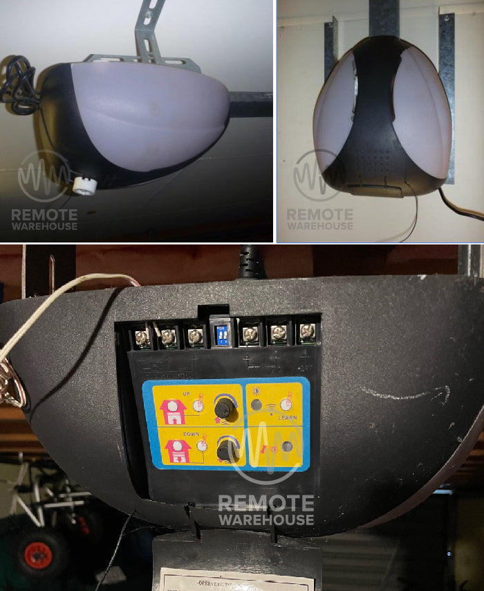 3 Views of the Galaxy GDO-7000 garage door opener shown from the side underside & the control panel