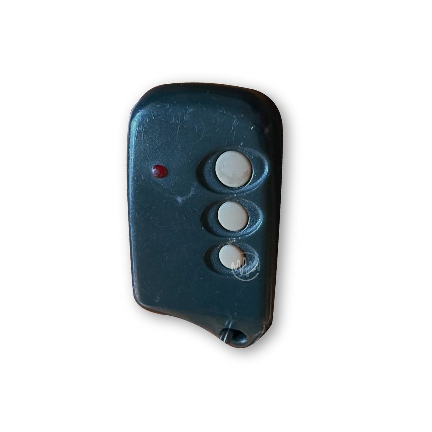 A black remote control for a garage door, featuring three round buttons in a vertical row and a red indicator light.
