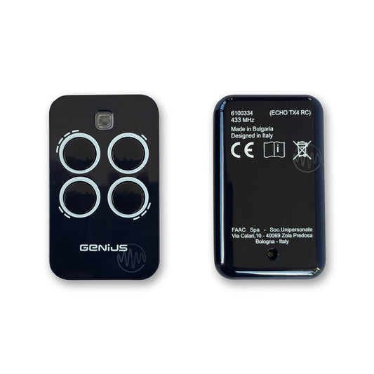Black Genius Echo TX4 433 RC gate remote with 4 white outlined buttons front & back view