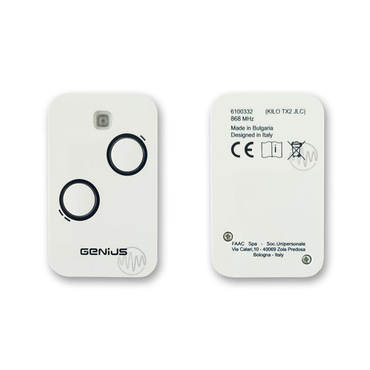White Genius Kilo TX2 JLC 868 gate remote with 2 black outlined buttons front & back view