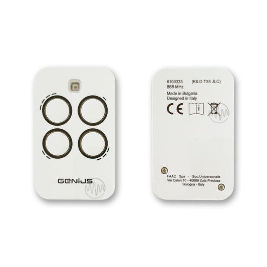 White Genius Kilo TX4 JLC 868 gate remote with 4 black outlined buttons front & back view