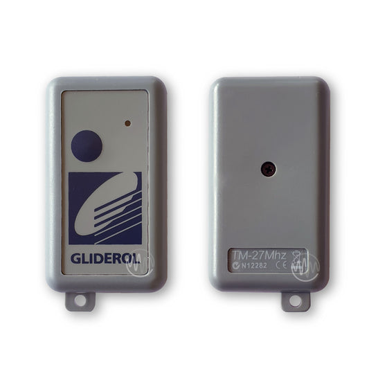 Front & Back view of light grey rounded rectangle Gliderol branded TM-27Mhz garage door remote with 1 round blue button