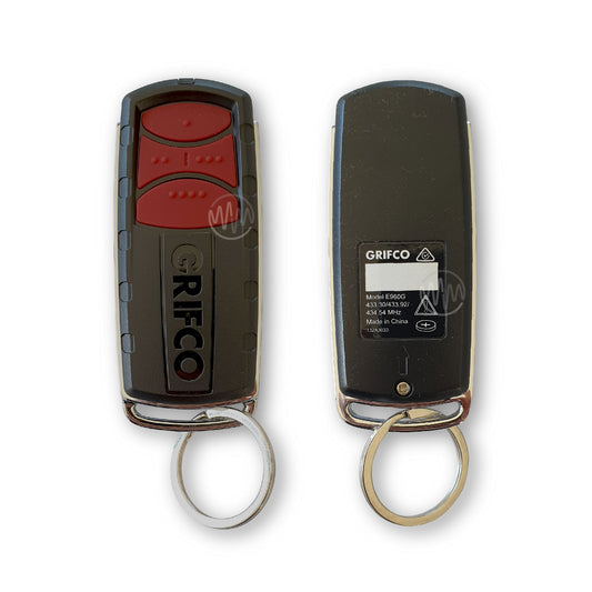 E960G Grifco branded black key ring garage & gate remote with dark red buttons