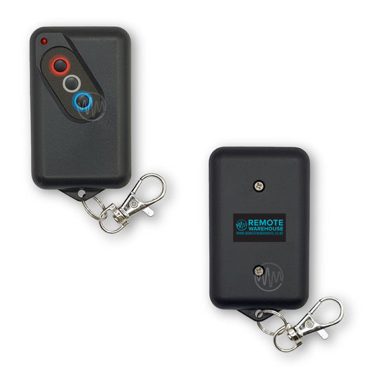 Front + Back view of black rectangle Guardian compatible remote with 3 circular buttons in a diagonal line