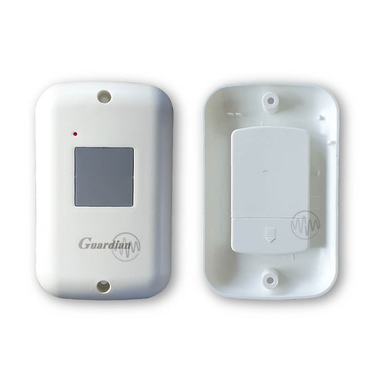 Front & back view of Guardian white wireless wall button garage remote