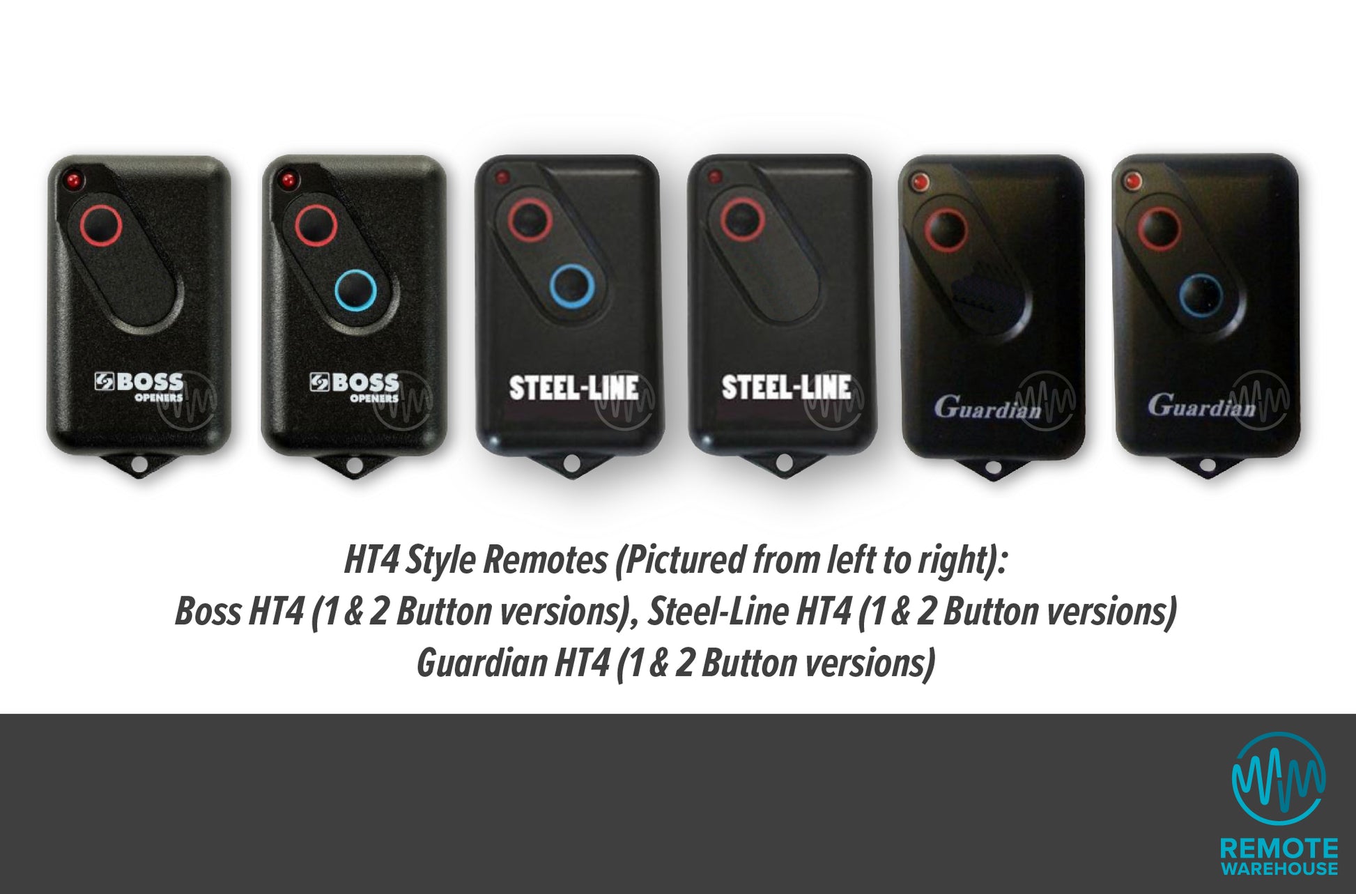 Black HT4 style garage door remotes from Boss, Steel-Line & Guardian with 1 & 2 round buttons