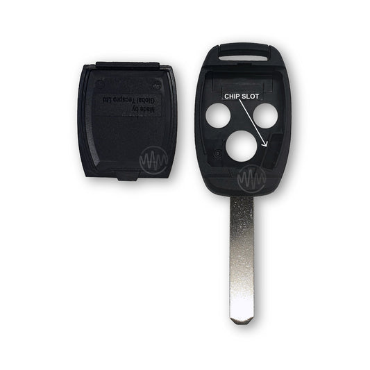 Inside of replacement black car key shell with metal key blade attached for Honda