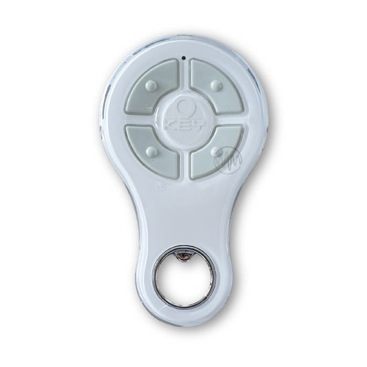 Shiny white Key branded bottle opener shape Garage & Gate remote with 4 light grey segmented buttons