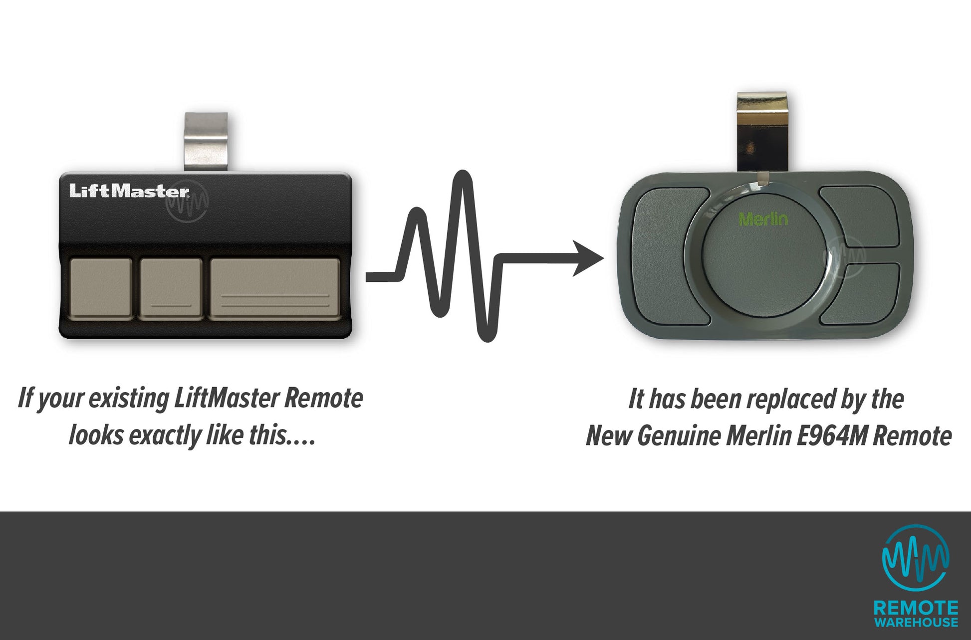 Liftmaster black with 3 beige buttons sun visor garage remote is replaced with Merlin branded E960M grey 4 button sun visor garage remote