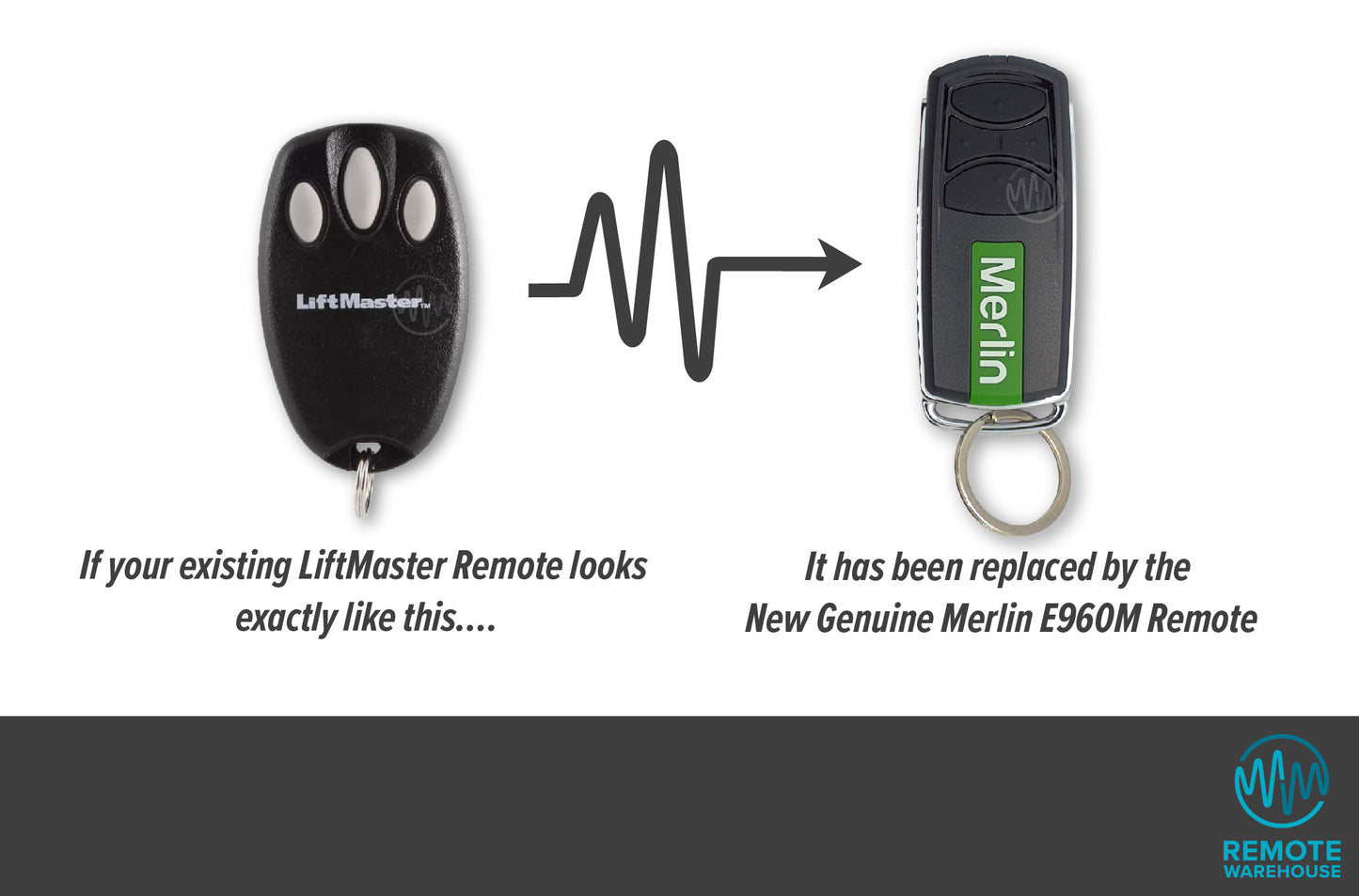 Liftmaster black bear claw style garage remote is replaced by Merlin branded black & chrome rounded oblong key ring remote
