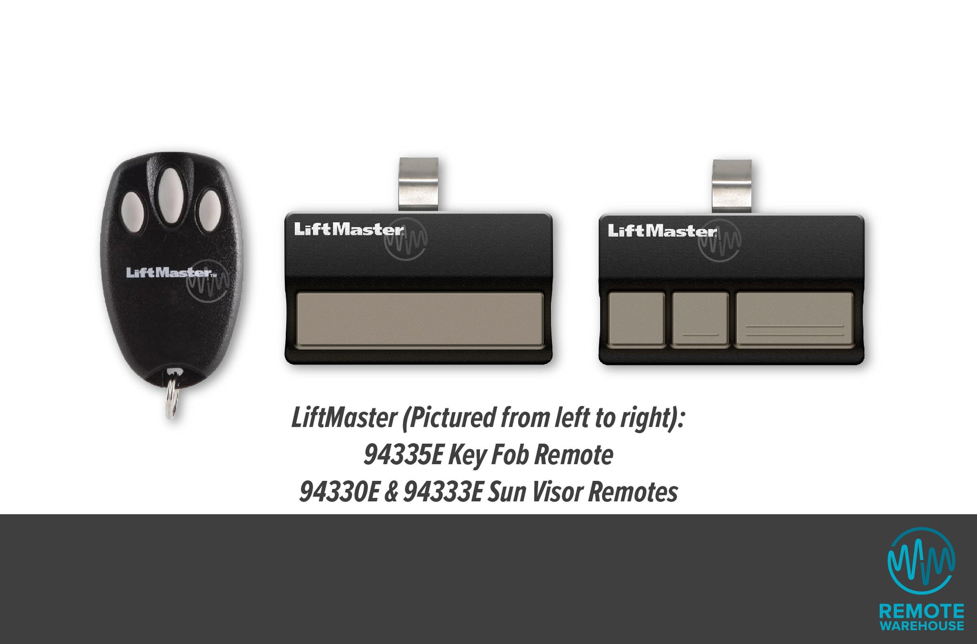 Black LiftMaster range of 3 garage door remote controls in sunvisor & keyring styles