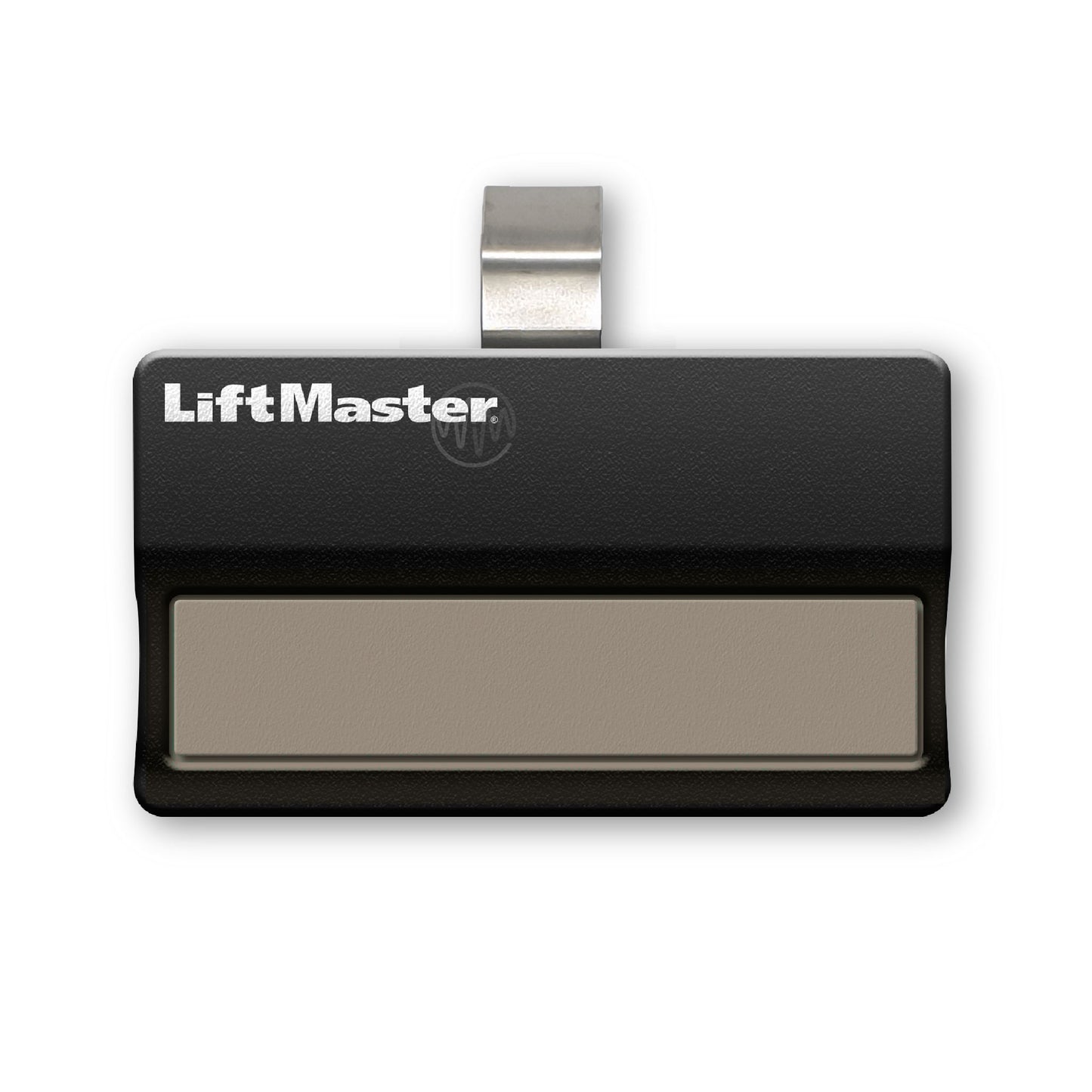 Liftmaster branded black oblong sun visor garage door remote with long single beige button