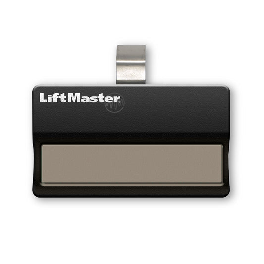 Liftmaster branded black oblong sun visor garage door remote with long single beige button