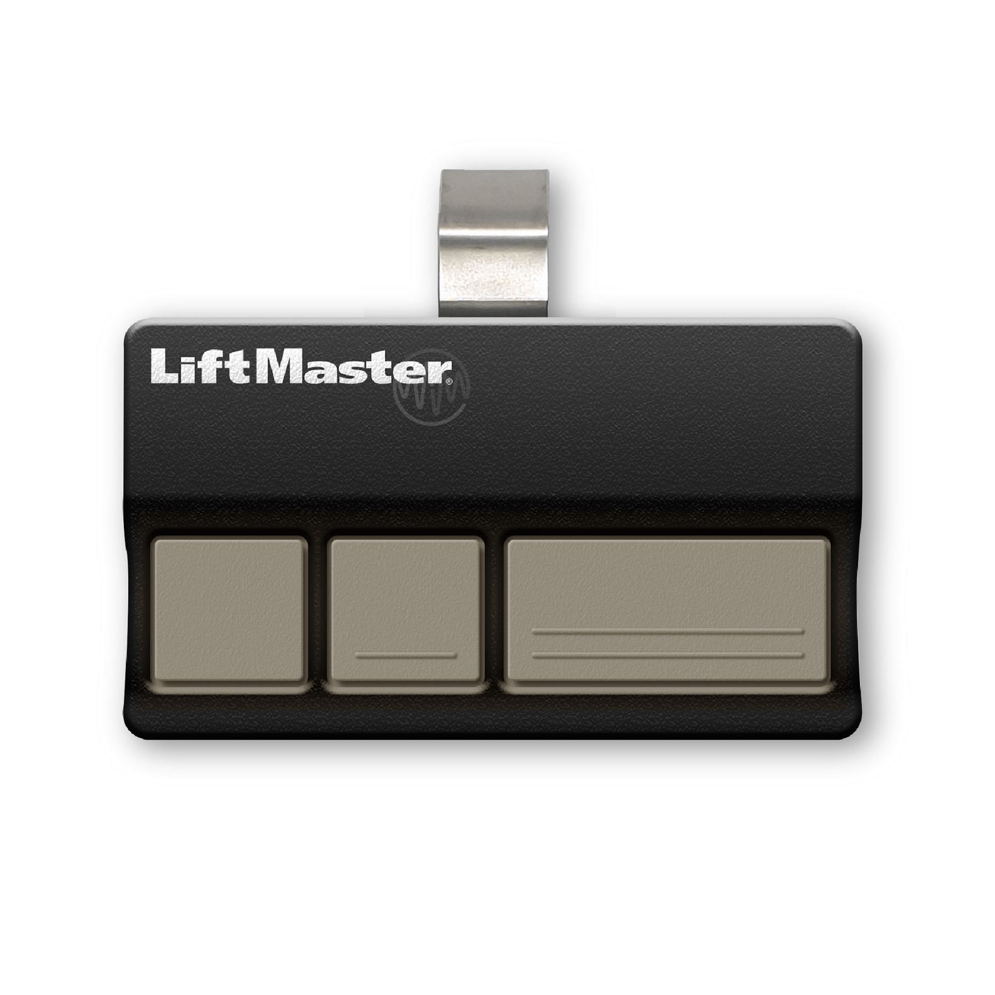 Liftmaster branded black oblong sun visor garage door remote with 3 beige buttons